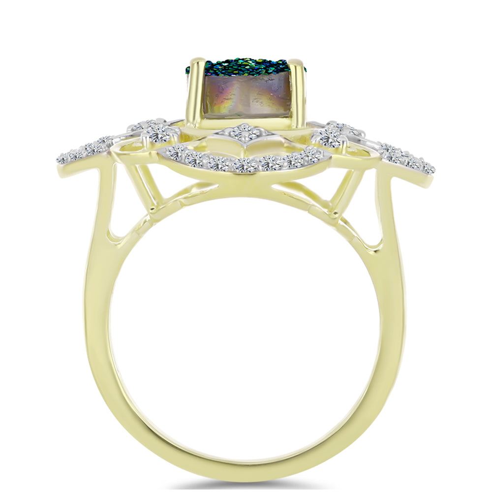 Inel din Argint 925 Placat cu Aur ( 4.6 grame ) cu Drusy Verde și Topaz Alb 3.33 Carate