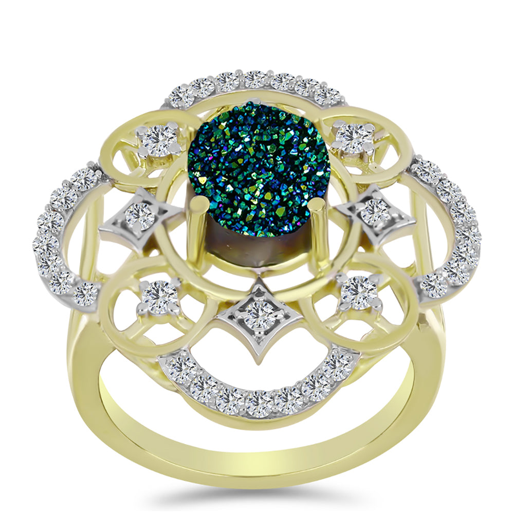 Inel din Argint 925 Placat cu Aur ( 4.6 grame ) cu Drusy Verde și Topaz Alb 3.33 Carate