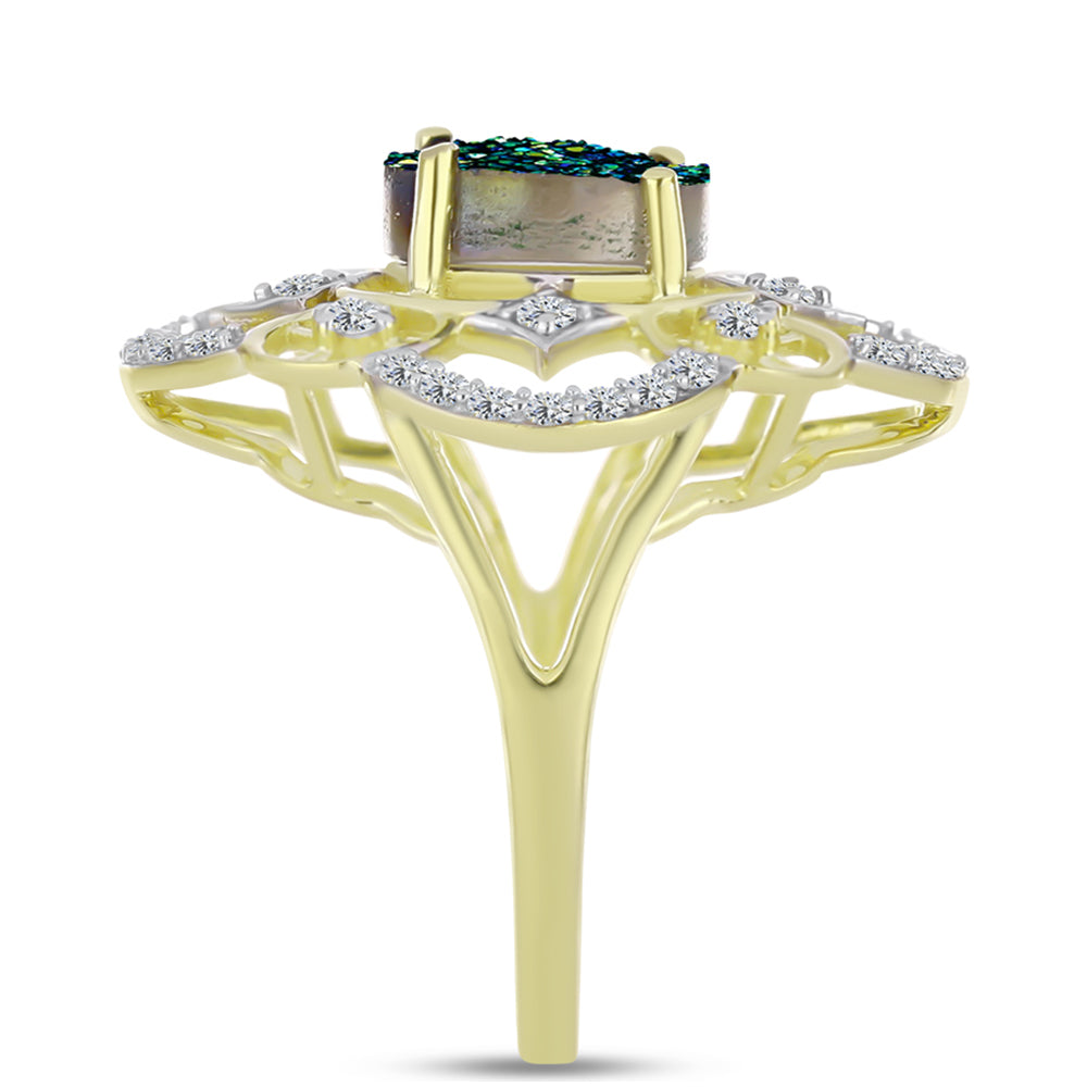 Inel din Argint 925 Placat cu Aur ( 4.6 grame ) cu Drusy Verde și Topaz Alb 3.33 Carate 4 