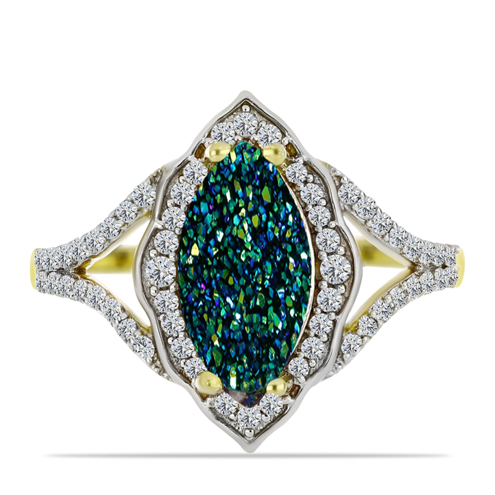 Inel din Argint 925 Placat cu Aur ( 3.52 grame ) cu Drusy Verde și Topaz Alb 3.05 Carate 1 
