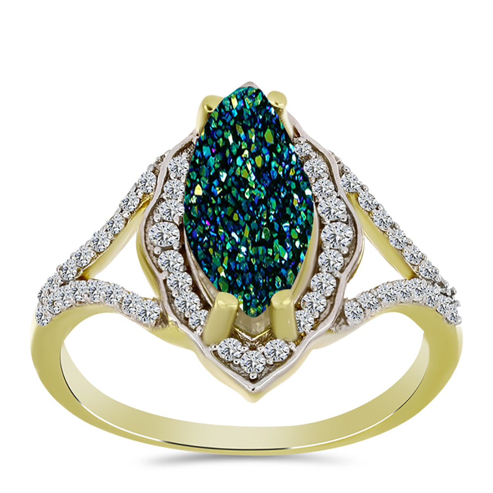 Inel din Argint 925 Placat cu Aur ( 3.52 grame ) cu Drusy Verde și Topaz Alb 3.05 Carate 3 