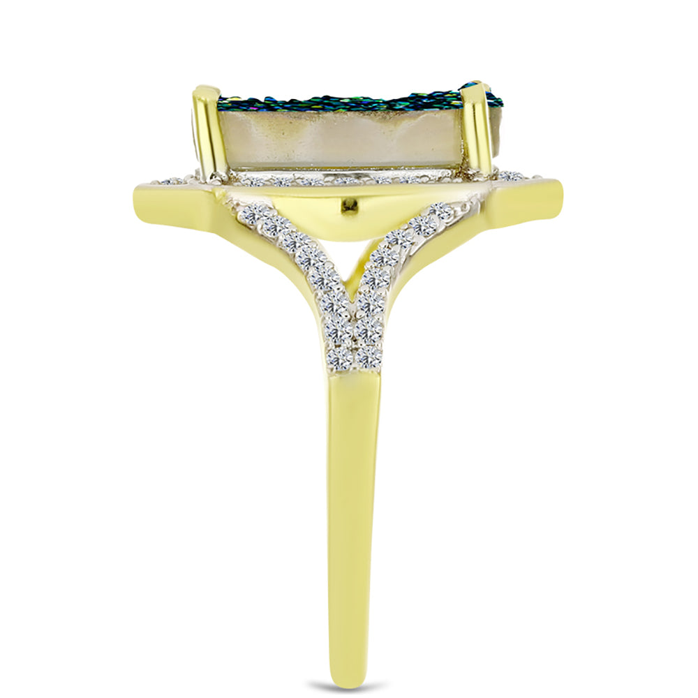 Inel din Argint 925 Placat cu Aur ( 3.52 grame ) cu Drusy Verde și Topaz Alb 3.05 Carate