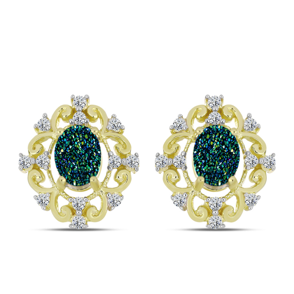 Cercei din Argint 925 Placat cu Aur ( 4.95 grame ) cu Drusy Verde și Topaz Alb 3.37 Carate 1 
