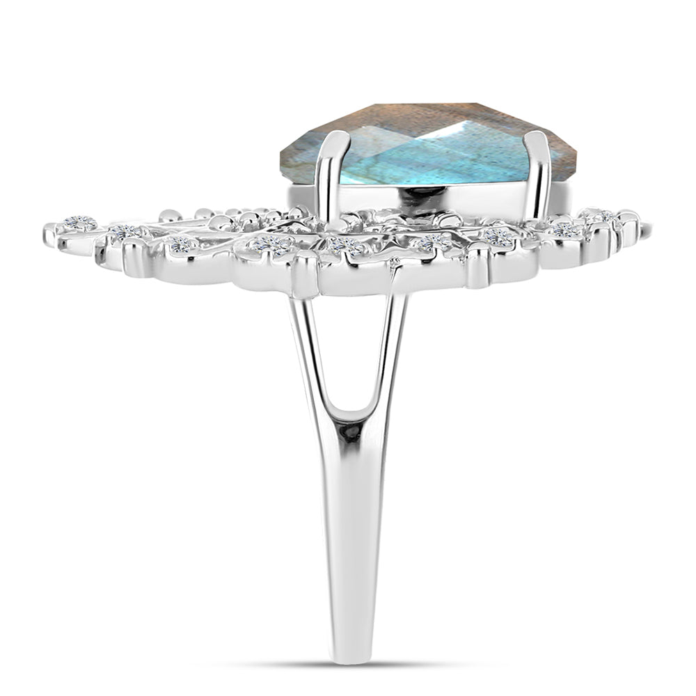 Inel din Argint 925 ( 5.78 grame ) cu Gullgruvene Labradorit și Topaz Alb 5.29 Carate 4 