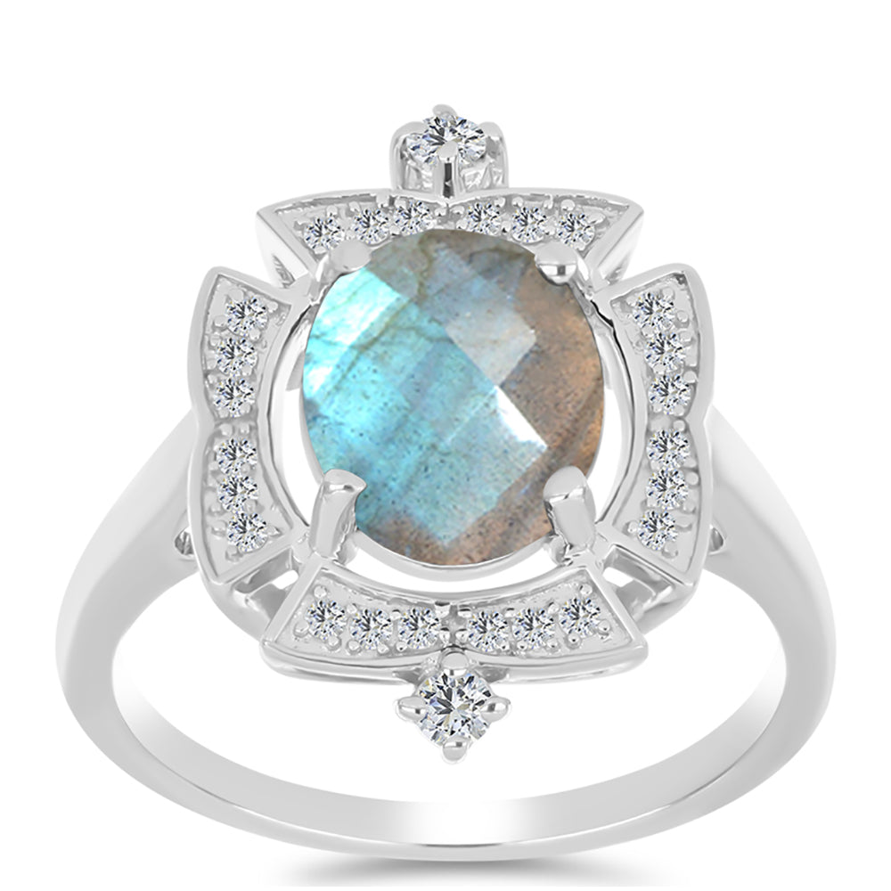 Inel din Argint 925 ( 3.42 grame ) cu Gullgruvene Labradorit și Topaz Alb 2.6 Carate 3 