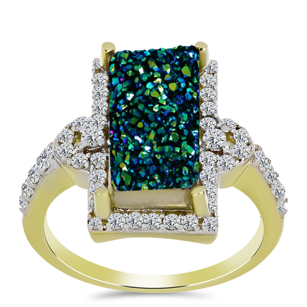 Inel din Argint 925 Placat cu Aur ( 3.69 grame ) cu Drusy Verde și Topaz Alb 4.88 Carate