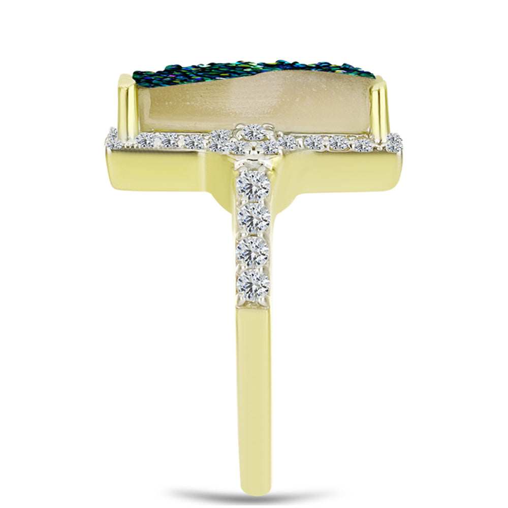 Inel din Argint 925 Placat cu Aur ( 3.69 grame ) cu Drusy Verde și Topaz Alb 4.88 Carate