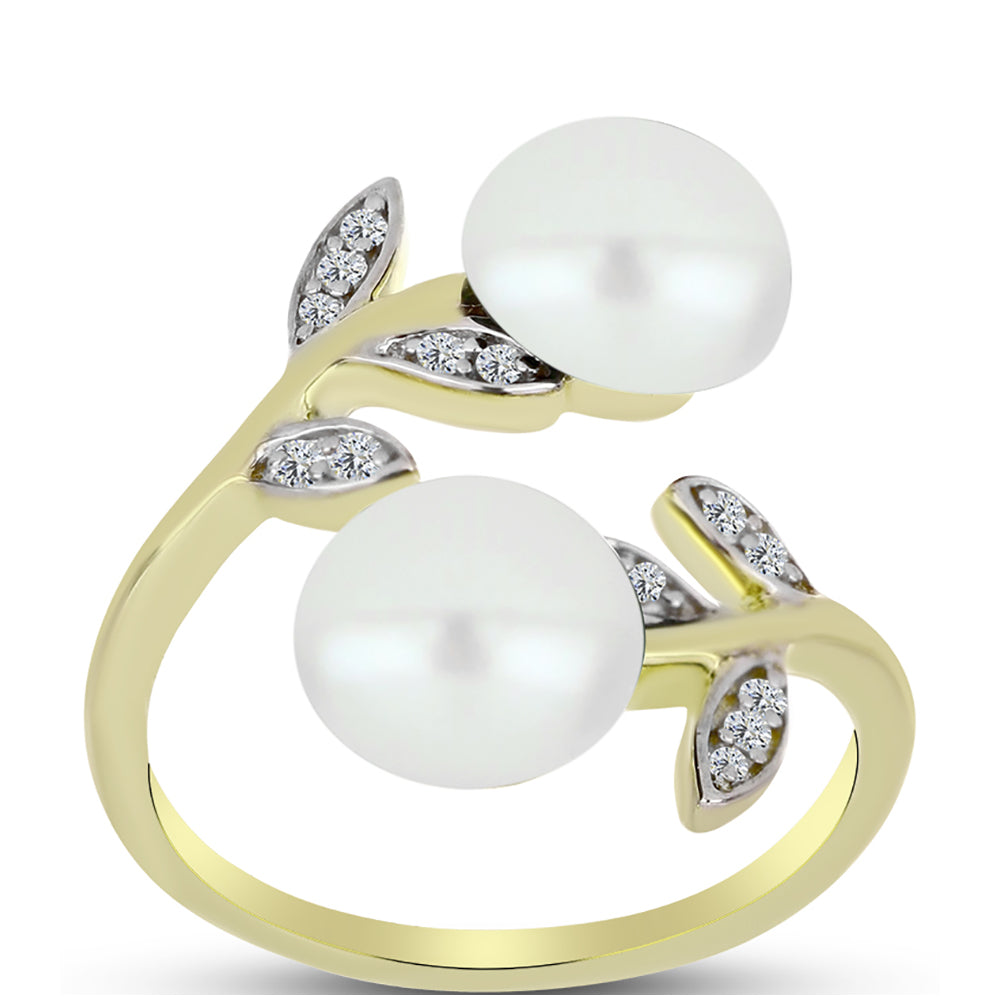 Inel din Argint 925 Placat cu Aur ( 3.44 grame ) cu Perlă de Apă Dulce Albă și Topaz Alb 4.96 Carate