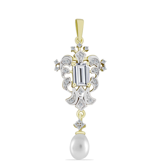 Pandantiv din Argint 925 Placat cu Aur ( 2.6 grame ) cu Perlă de Apă Dulce Albă și Topaz Alb 3.25 Carate