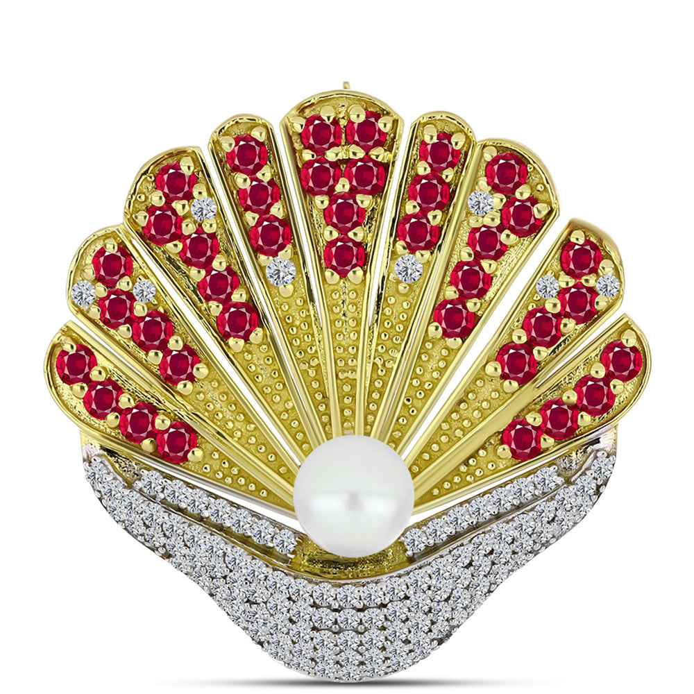 Broşă din Argint 925 Placat cu Aur ( 6.75 grame ) cu Rubin Malagasy și Perlă de Apă Dulce Albă 4.08 Carate
