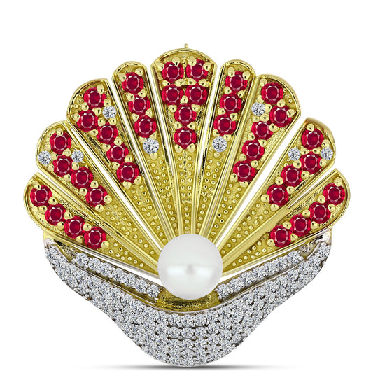 Broşă din Argint 925 Placat cu Aur ( 6.75 grame ) cu Rubin Malagasy și Perlă de Apă Dulce Albă 4.08 Carate