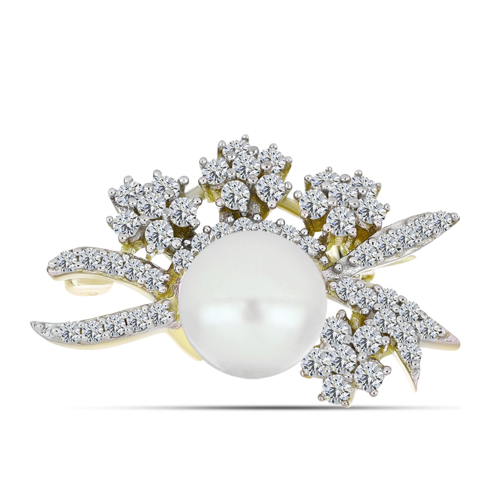 Broşă din Argint 925 Placat cu Aur ( 2.67 grame ) cu Perlă de Apă Dulce Albă și Topaz Alb 3.41 Carate