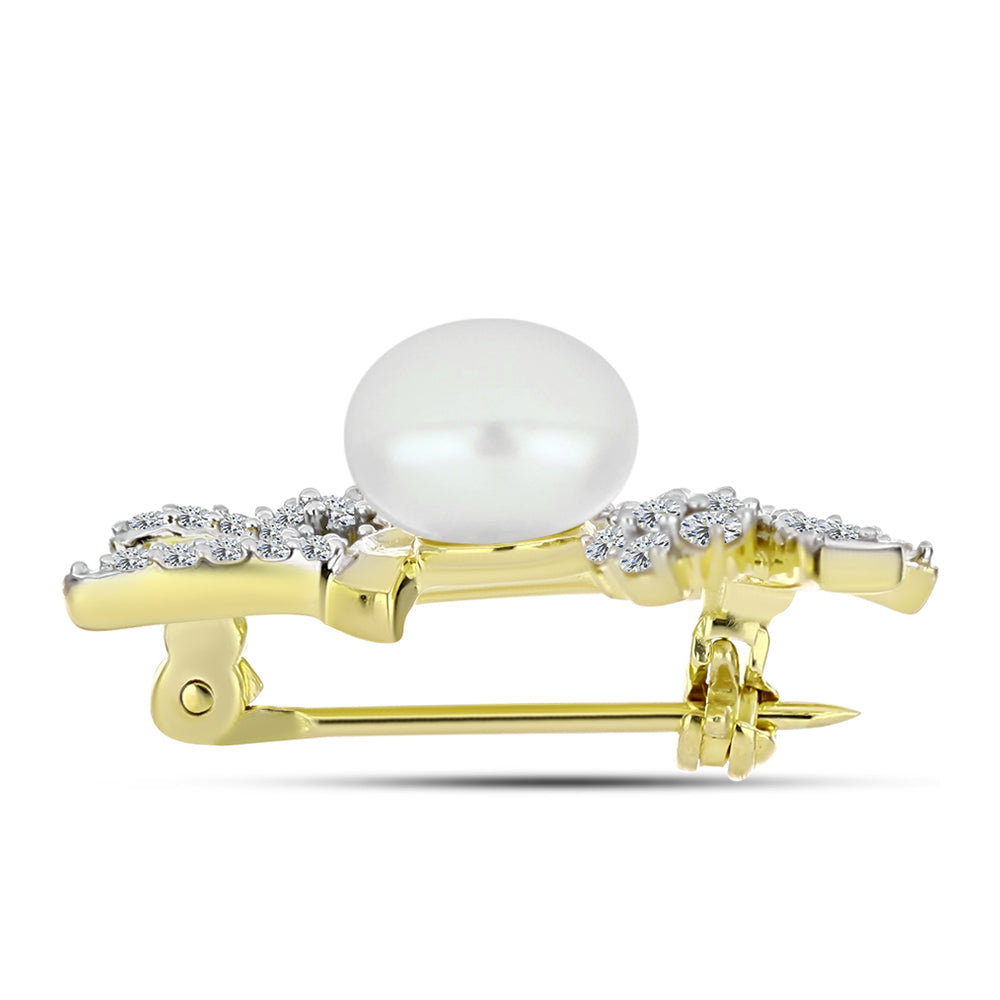 Broşă din Argint 925 Placat cu Aur ( 2.67 grame ) cu Perlă de Apă Dulce Albă și Topaz Alb 3.41 Carate
