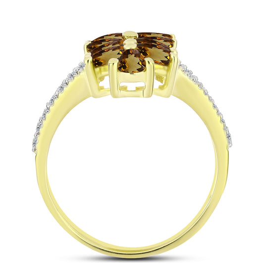 Inel din Argint 925 Placat cu Aur ( 3.7 grame ) cu Cuarț Coniac și Topaz Alb 2.67 Carate