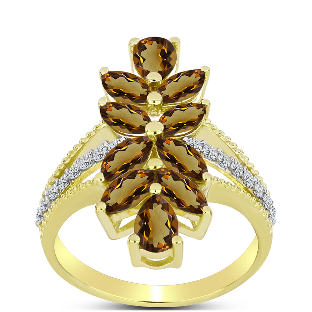 Inel din Argint 925 Placat cu Aur ( 3.7 grame ) cu Cuarț Coniac și Topaz Alb 2.67 Carate