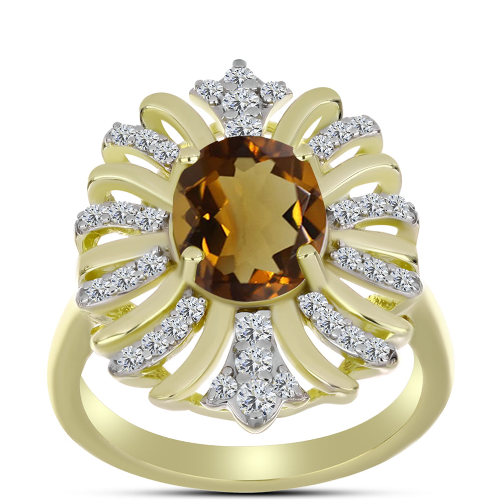Inel din Argint 925 Placat cu Aur ( 5.14 grame ) cu Cuarț Coniac și Topaz Alb 2.87 Carate