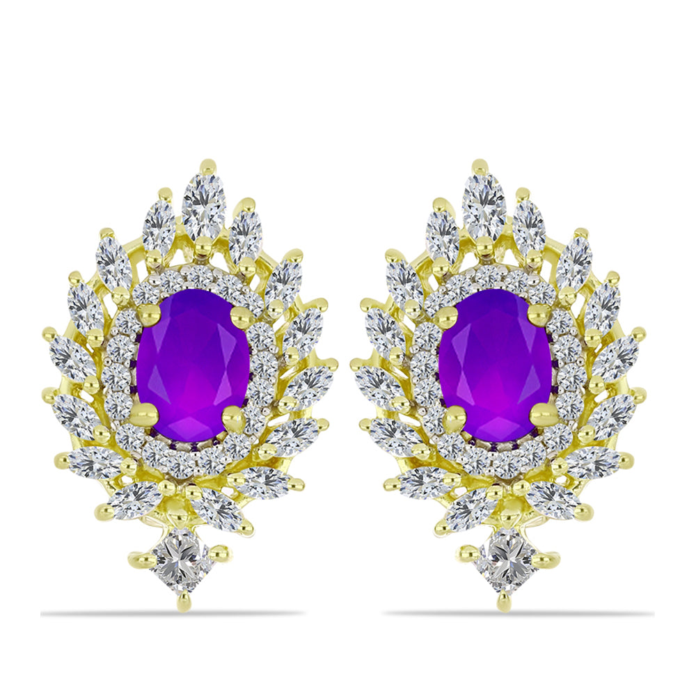 Cercei din Argint 925 Placat cu Aur ( 5.71 grame ) cu Agat Violet și Topaz Alb 2.82 Carate 1 