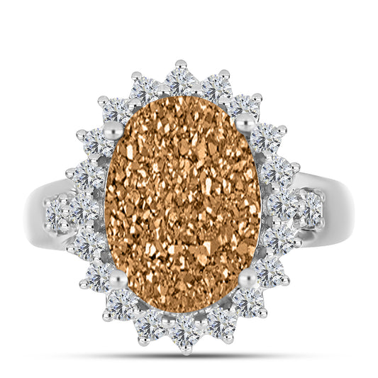 Inel din Argint 925 ( 4.09 grame ) cu Drusy Auriu și Topaz Alb 6.62 Carate