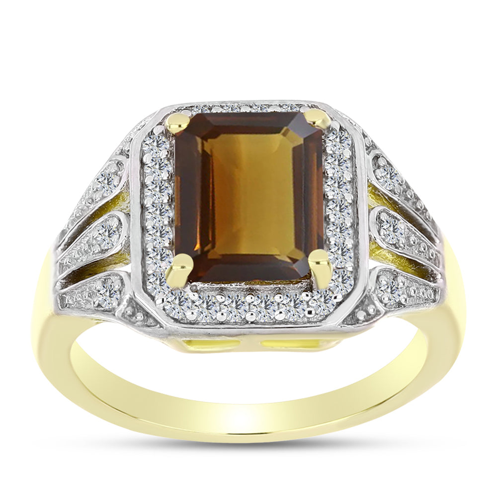 Inel din Argint 925 Placat cu Aur ( 4.59 grame ) cu Cuarț Coniac și Topaz Alb 2.35 Carate 3 