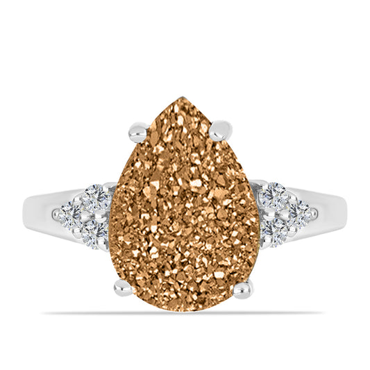 Inel din Argint 925 ( 2.83 grame ) cu Drusy Auriu și Topaz Alb 5.75 Carate