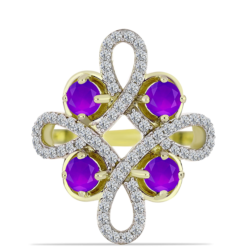 Inel din Argint 925 Placat cu Aur ( 4.36 grame ) cu Agat Violet și Topaz Alb 1.59 Carate