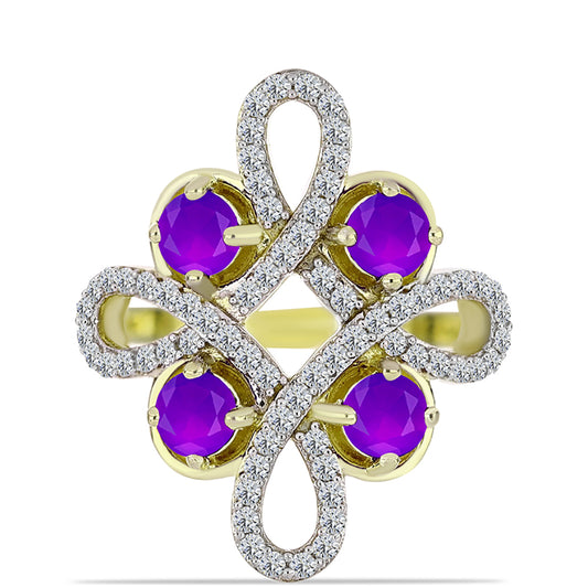 Inel din Argint 925 Placat cu Aur ( 4.36 grame ) cu Agat Violet și Topaz Alb 1.59 Carate