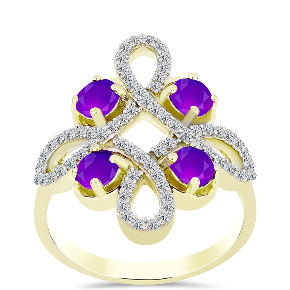 Inel din Argint 925 Placat cu Aur ( 4.36 grame ) cu Agat Violet și Topaz Alb 1.59 Carate