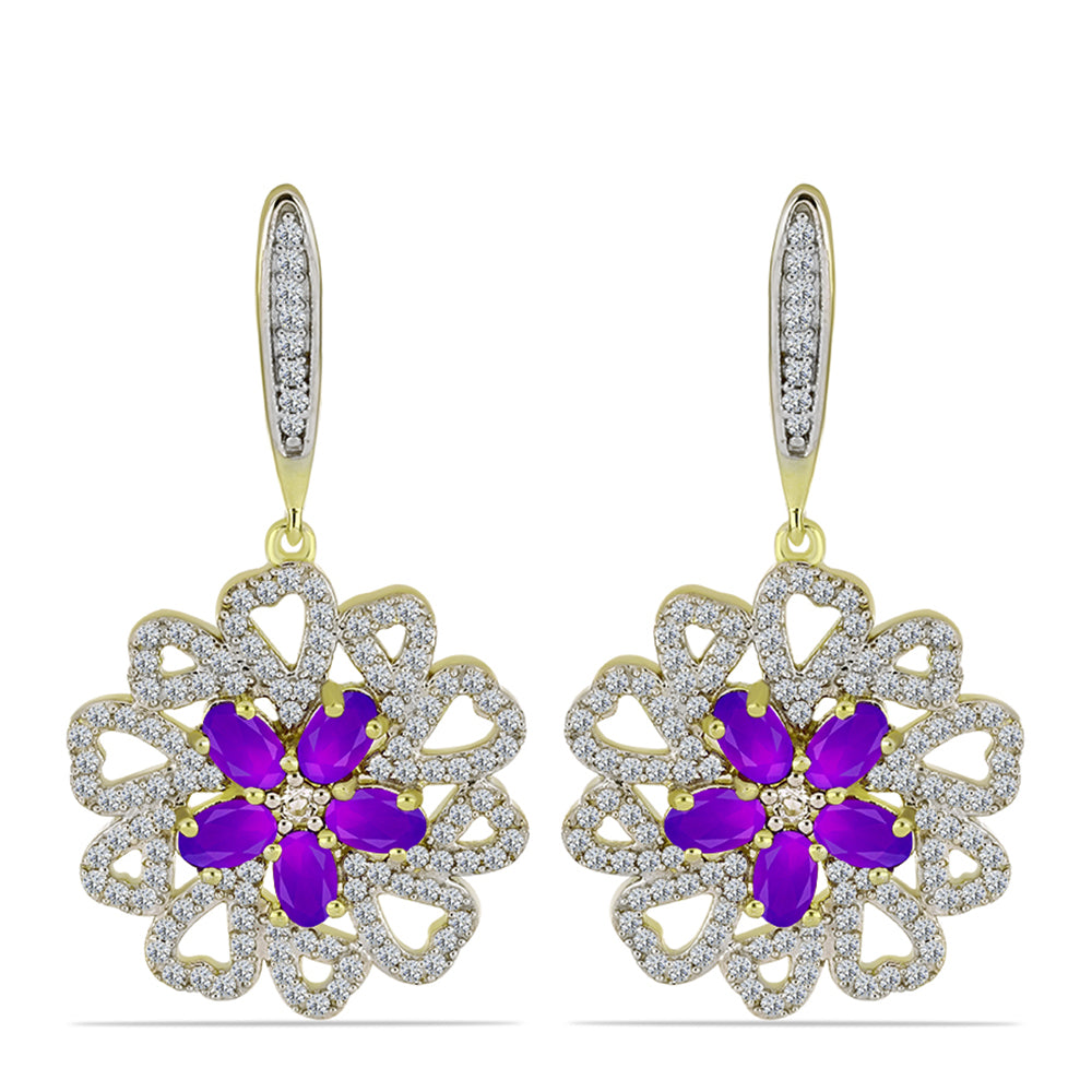 Cercei din Argint 925 Placat cu Aur ( 10.13 grame ) cu Agat Violet și Topaz Alb 3.97 Carate 1 