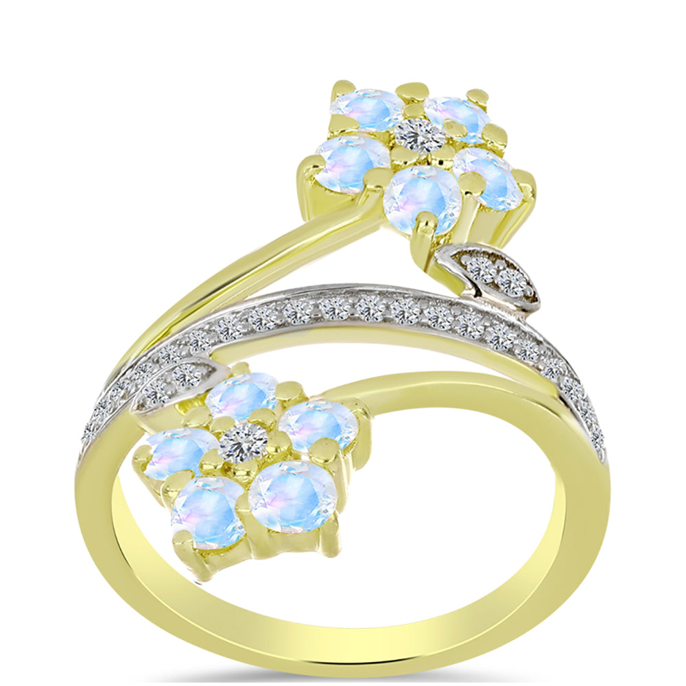 Inel din Argint 925 Placat cu Aur ( 3.74 grame ) cu Piatra Lunii Curcubeu și Topaz Alb 1.36 Carate 3 
