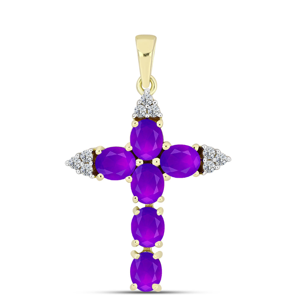 Cruce Pandantiv din Argint 925 Placat cu Aur ( 2.21 grame ) cu Agat Violet și Topaz Alb 2.06 Carate 1 