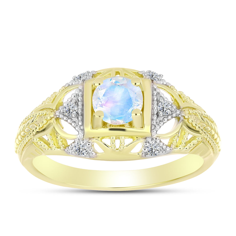 Inel din Argint 925 Placat cu Aur ( 3.53 grame ) cu Piatra Lunii Curcubeu și Topaz Alb 0.59 Carate