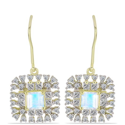 Cercei din Argint 925 Placat cu Aur ( 3.88 grame ) cu Piatra Lunii Curcubeu și Topaz Alb 2.8 Carate