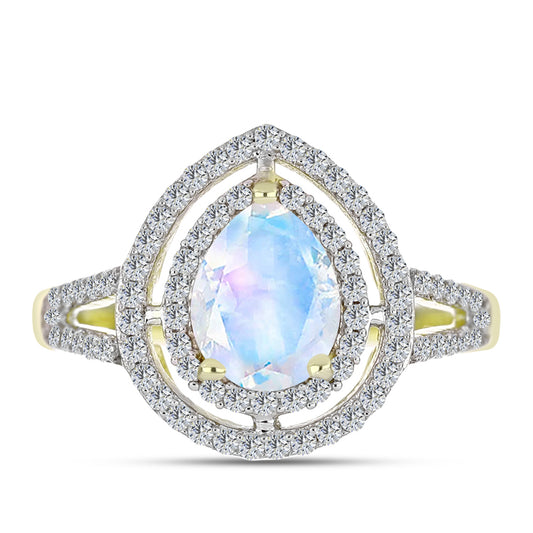 Inel din Argint 925 Placat cu Aur ( 2.84 grame ) cu Piatra Lunii Curcubeu și Topaz Alb 2.25 Carate