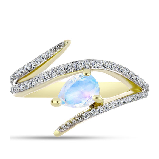 Inel din Argint 925 Placat cu Aur ( 3.85 grame ) cu Piatra Lunii Curcubeu și Topaz Alb 1.08 Carate