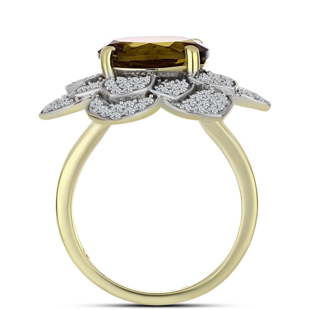 Inel din Argint 925 Placat cu Aur ( 5.87 grame ) cu Cuarț Coniac și Topaz Alb 6.26 Carate