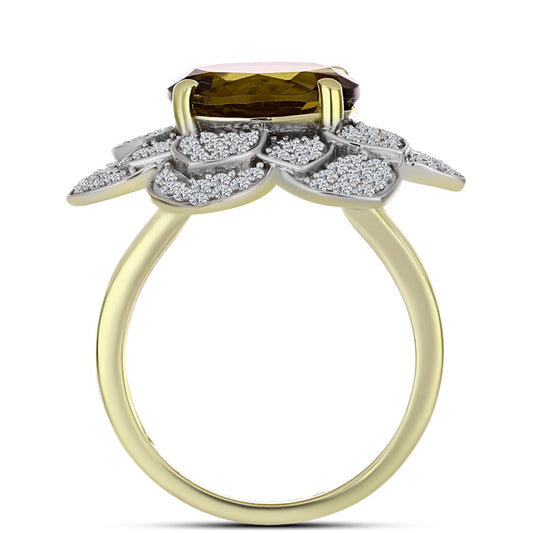 Inel din Argint 925 Placat cu Aur ( 5.87 grame ) cu Cuarț Coniac și Topaz Alb 6.26 Carate