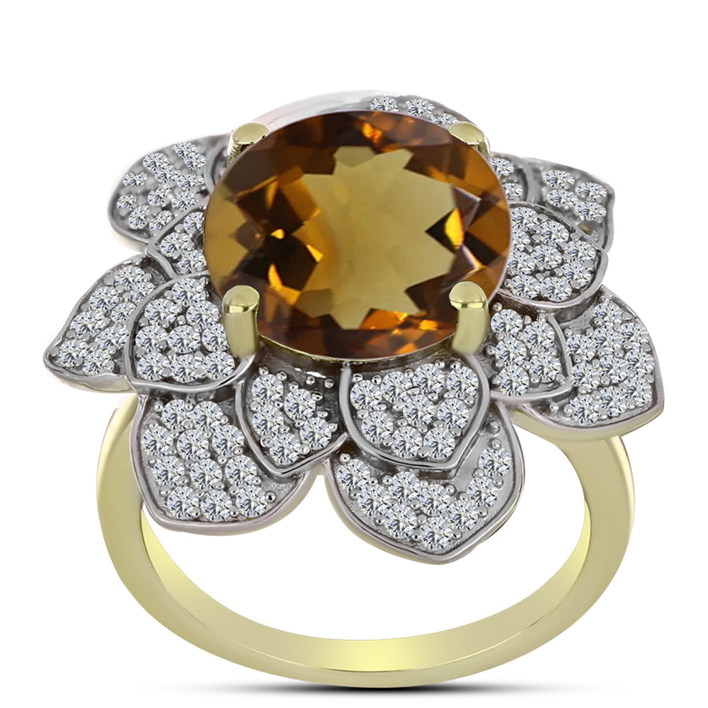 Inel din Argint 925 Placat cu Aur ( 5.87 grame ) cu Cuarț Coniac și Topaz Alb 6.26 Carate 3 