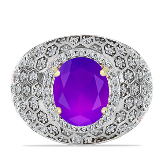 Inel din Argint 925 Placat cu Aur ( 5.96 grame ) cu Agat Violet și Topaz Alb 2.69 Carate