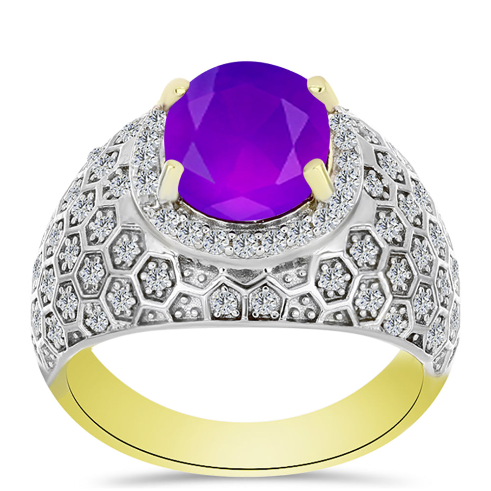 Inel din Argint 925 Placat cu Aur ( 5.96 grame ) cu Agat Violet și Topaz Alb 2.69 Carate