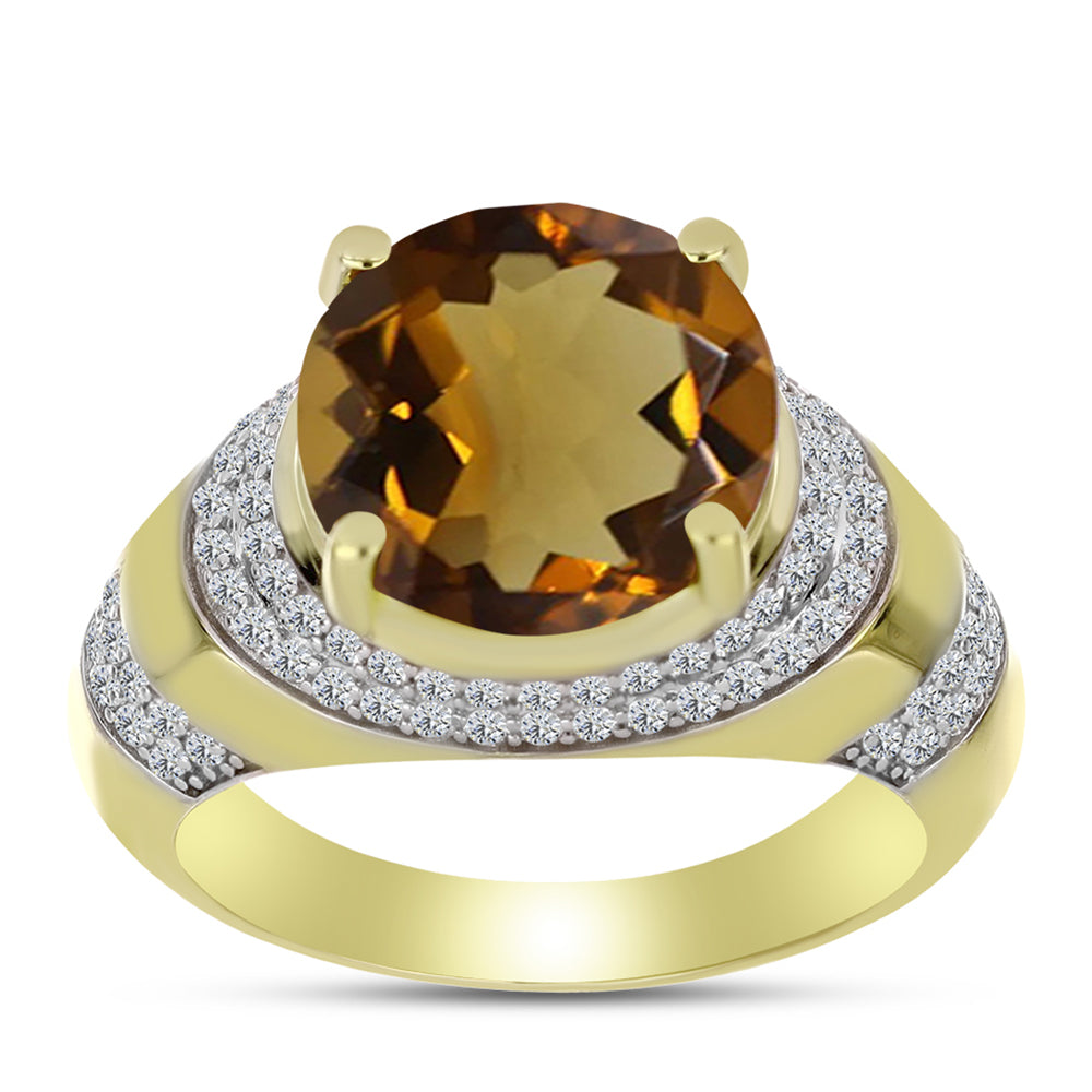 Inel din Argint 925 Placat cu Aur ( 4.84 grame ) cu Cuarț Coniac și Topaz Alb 5.82 Carate 3 