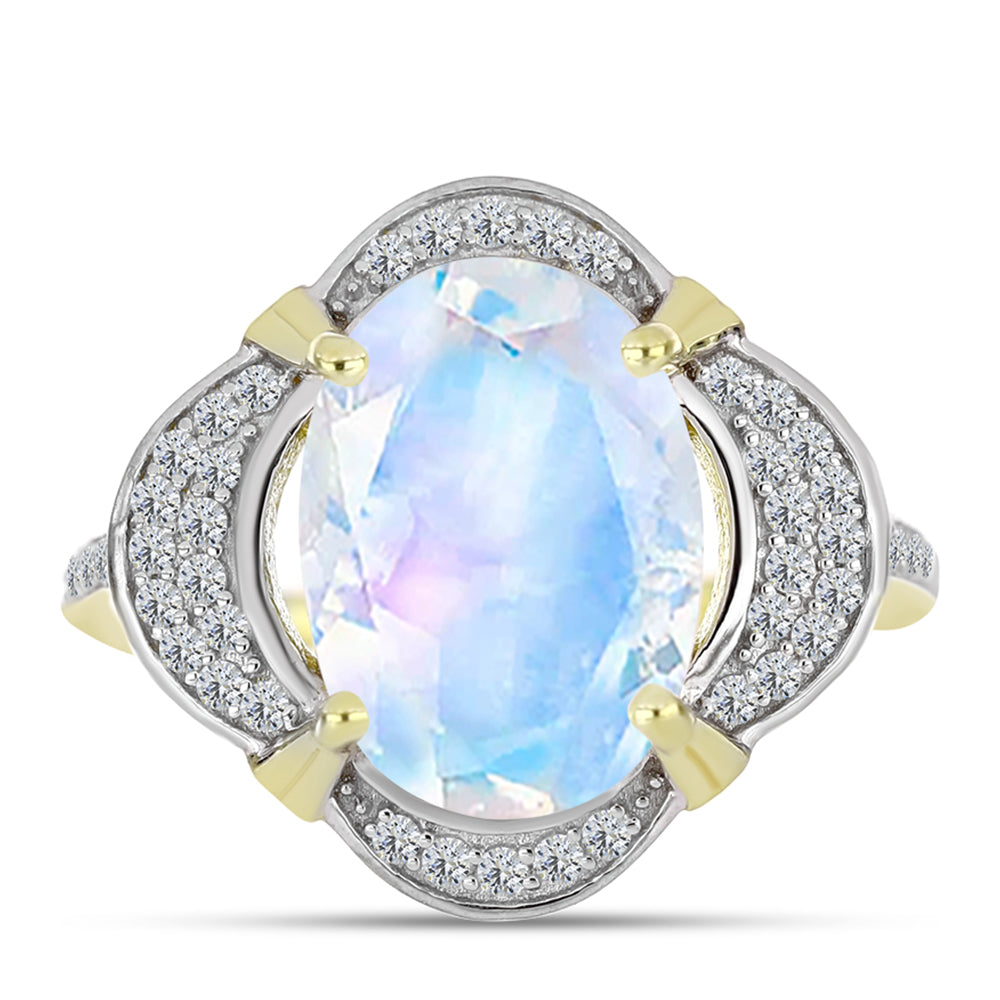 Inel din Argint 925 Placat cu Aur ( 3.62 grame ) cu Piatra Lunii Curcubeu și Topaz Alb 5.53 Carate 1 