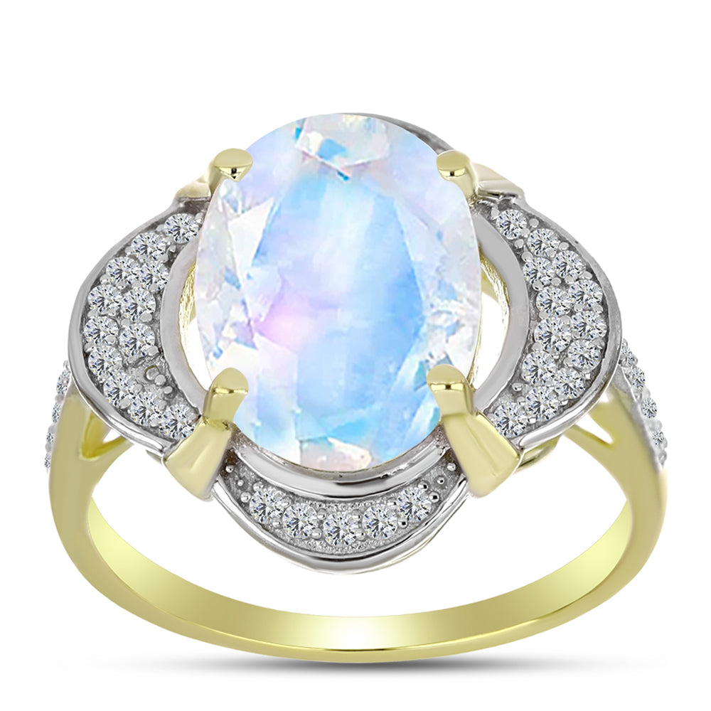 Inel din Argint 925 Placat cu Aur ( 3.62 grame ) cu Piatra Lunii Curcubeu și Topaz Alb 5.53 Carate