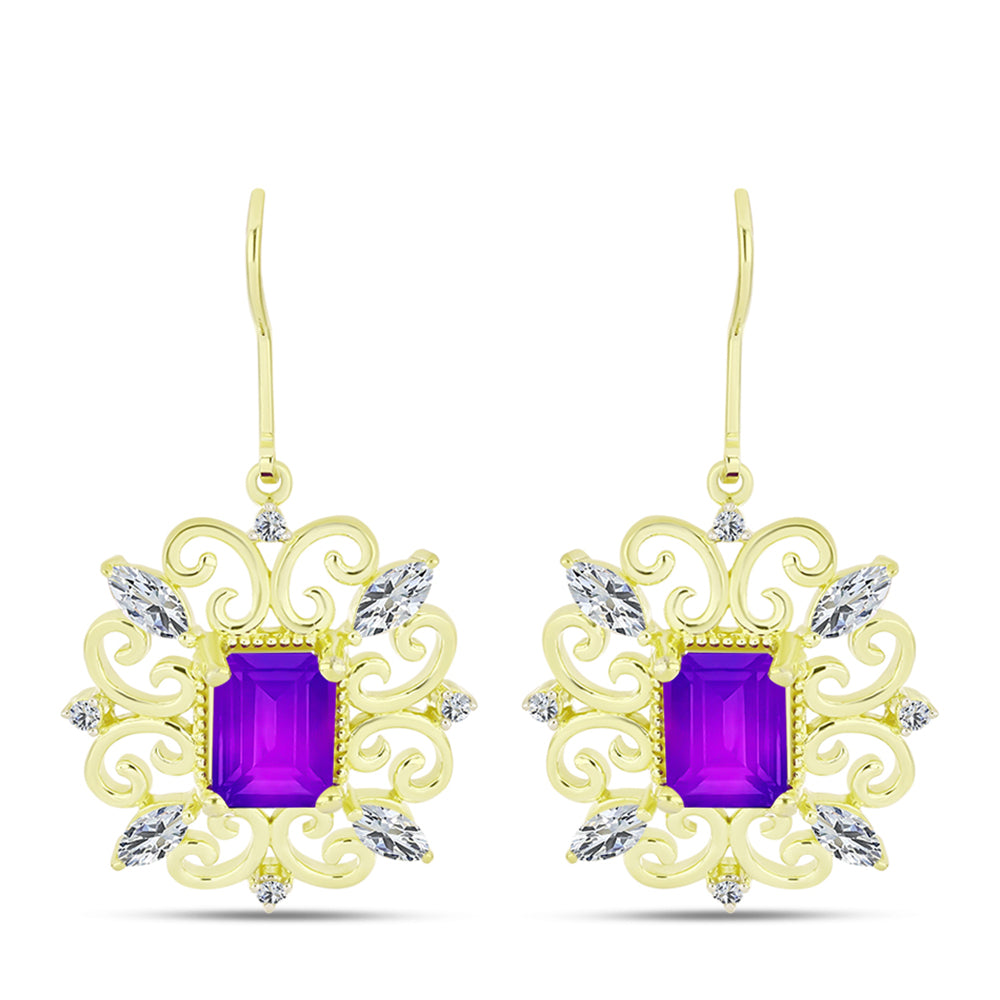 Cercei din Argint 925 Placat cu Aur ( 5.5 grame ) cu Agat Violet și Topaz Alb 4.44 Carate 1 