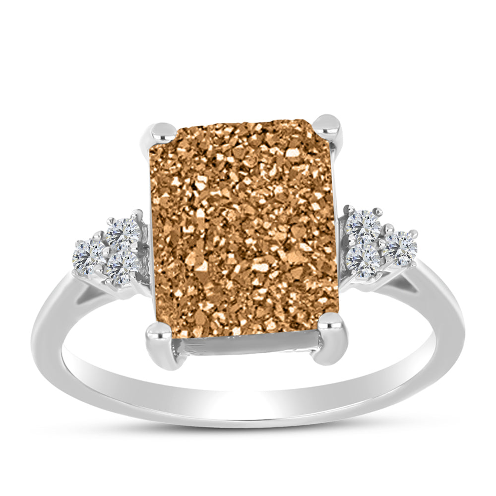 Inel din Argint 925 ( 1.92 grame ) cu Drusy Auriu și Topaz Alb 3.3 Carate 3 