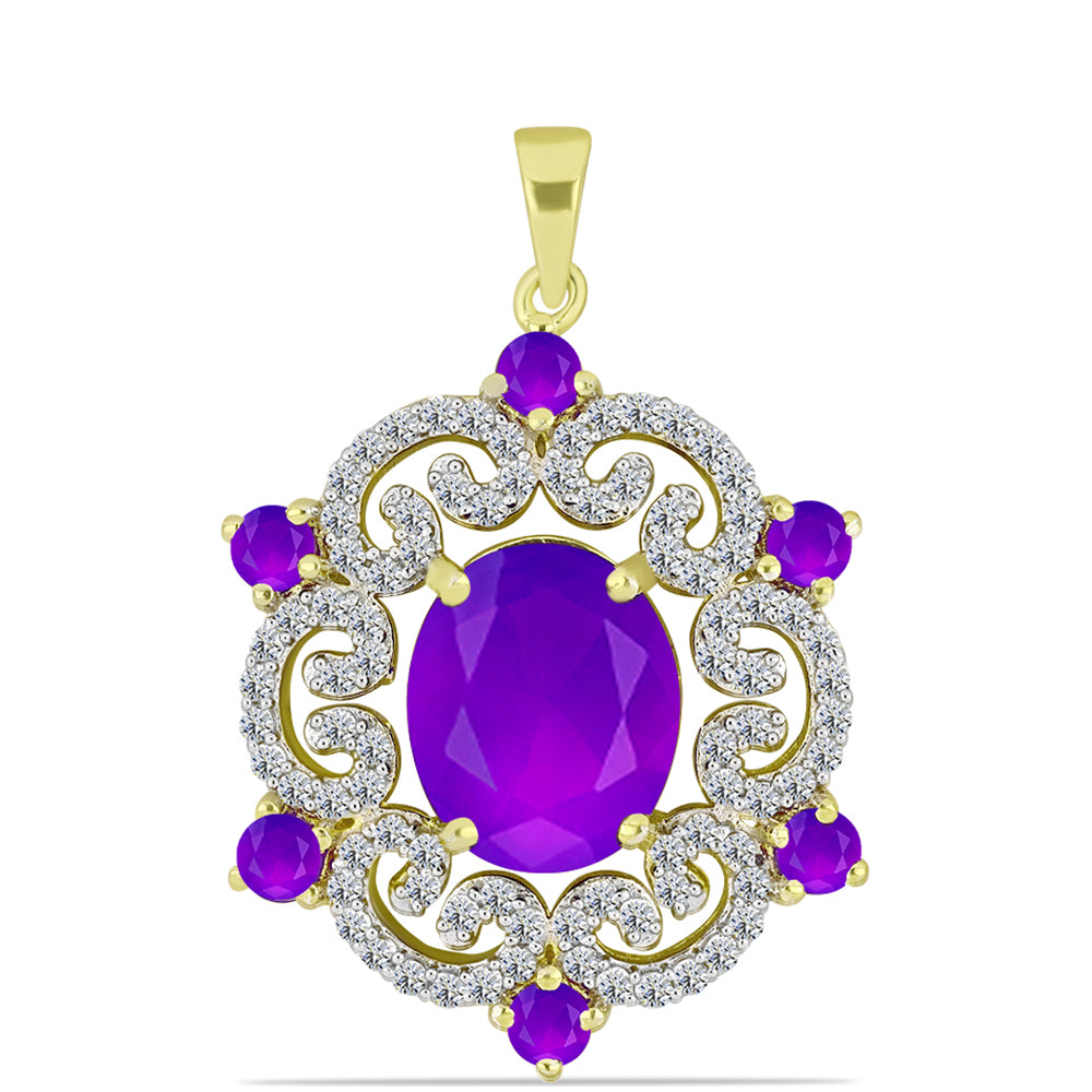 Pandantiv din Argint 925 Placat cu Aur ( 3.86 grame ) cu Agat Violet și Topaz Alb 5.99 Carate 1 