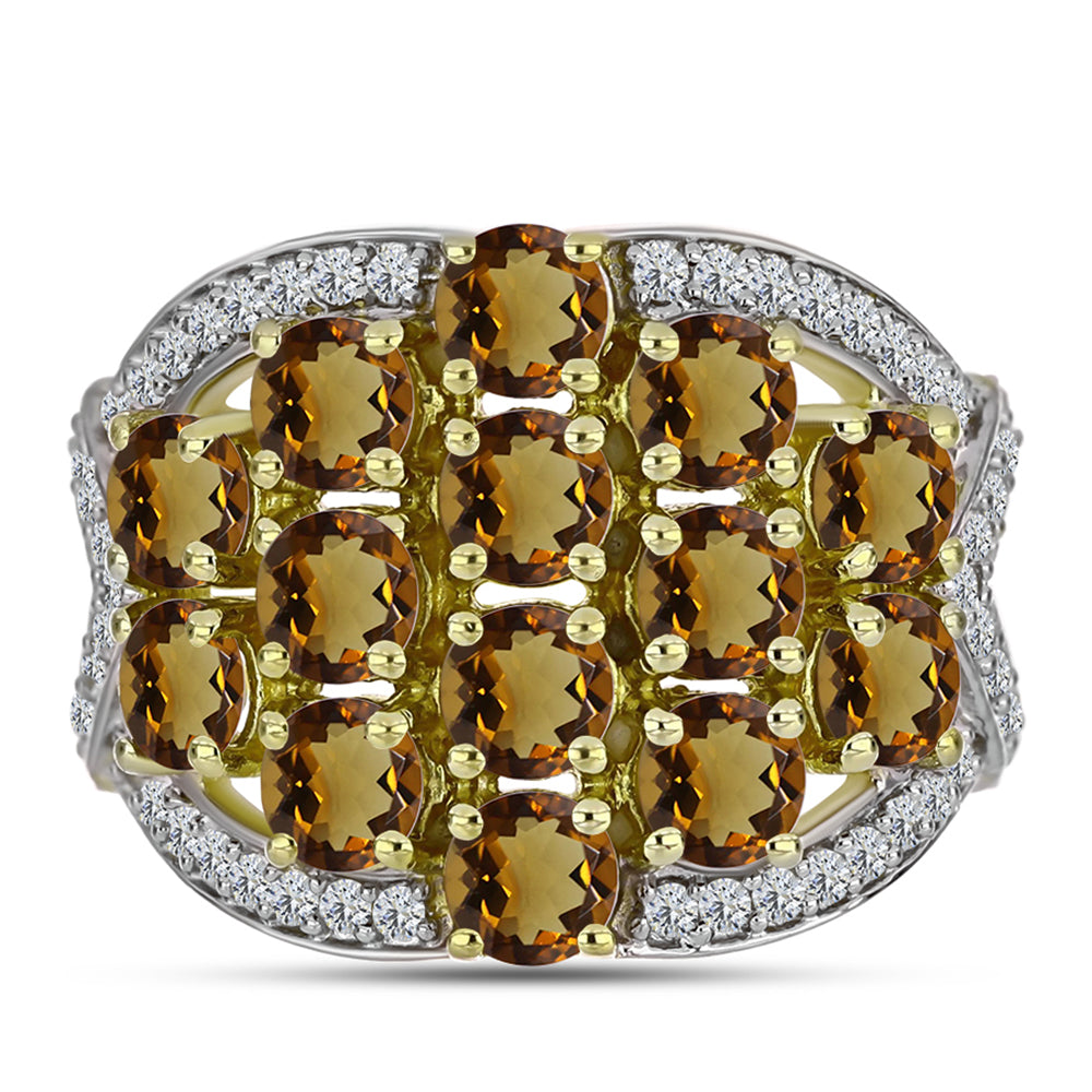 Inel din Argint 925 Placat cu Aur ( 6.81 grame ) cu Cuarț Coniac și Topaz Alb 4.09 Carate