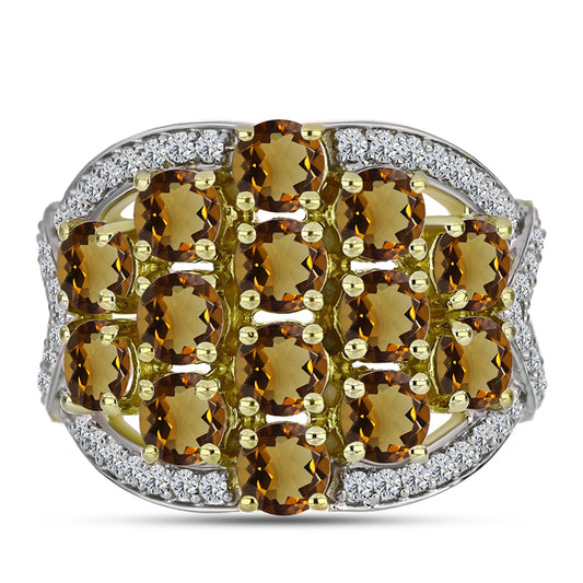 Inel din Argint 925 Placat cu Aur ( 6.81 grame ) cu Cuarț Coniac și Topaz Alb 4.09 Carate