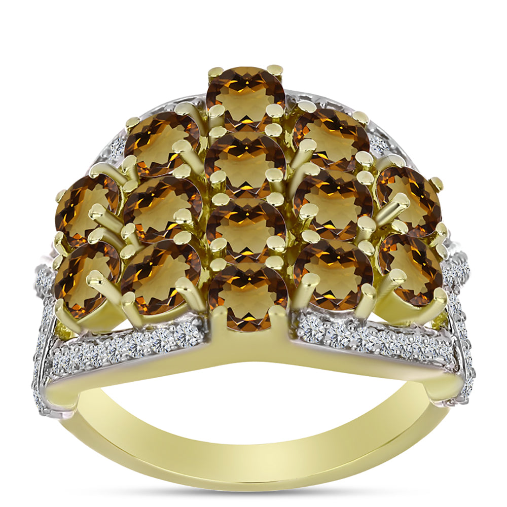 Inel din Argint 925 Placat cu Aur ( 6.81 grame ) cu Cuarț Coniac și Topaz Alb 4.09 Carate