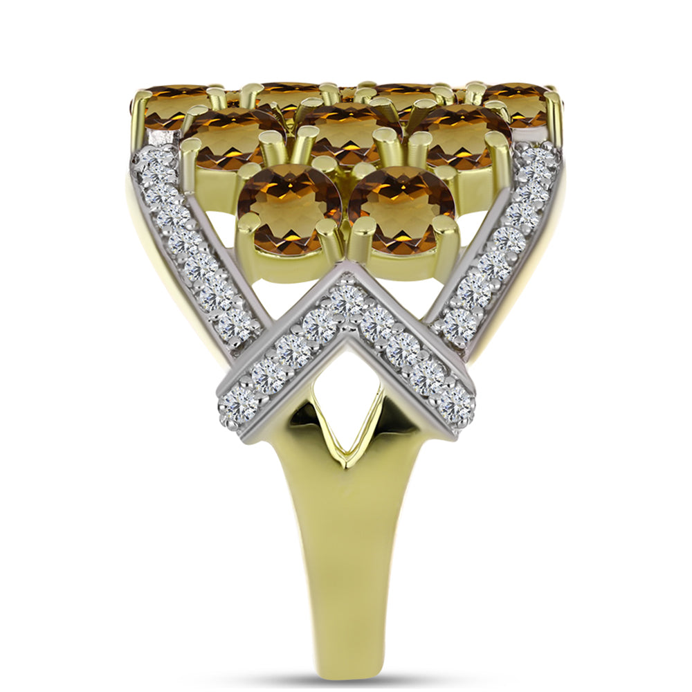 Inel din Argint 925 Placat cu Aur ( 6.81 grame ) cu Cuarț Coniac și Topaz Alb 4.09 Carate