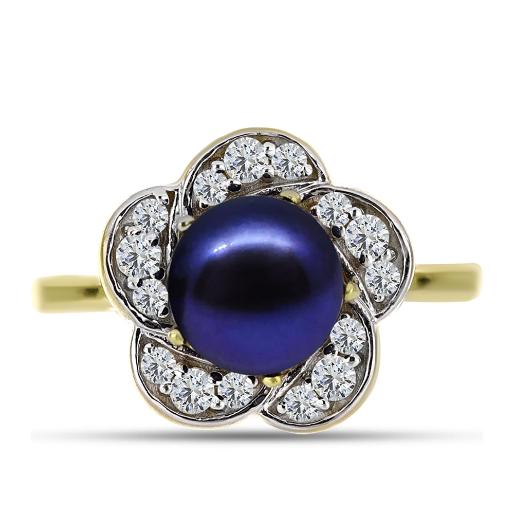 Inel din Argint 925 Placat cu Aur ( 3.34 grame ) cu Perlă de Cultură Neagră și Topaz Alb 3.47 Carate